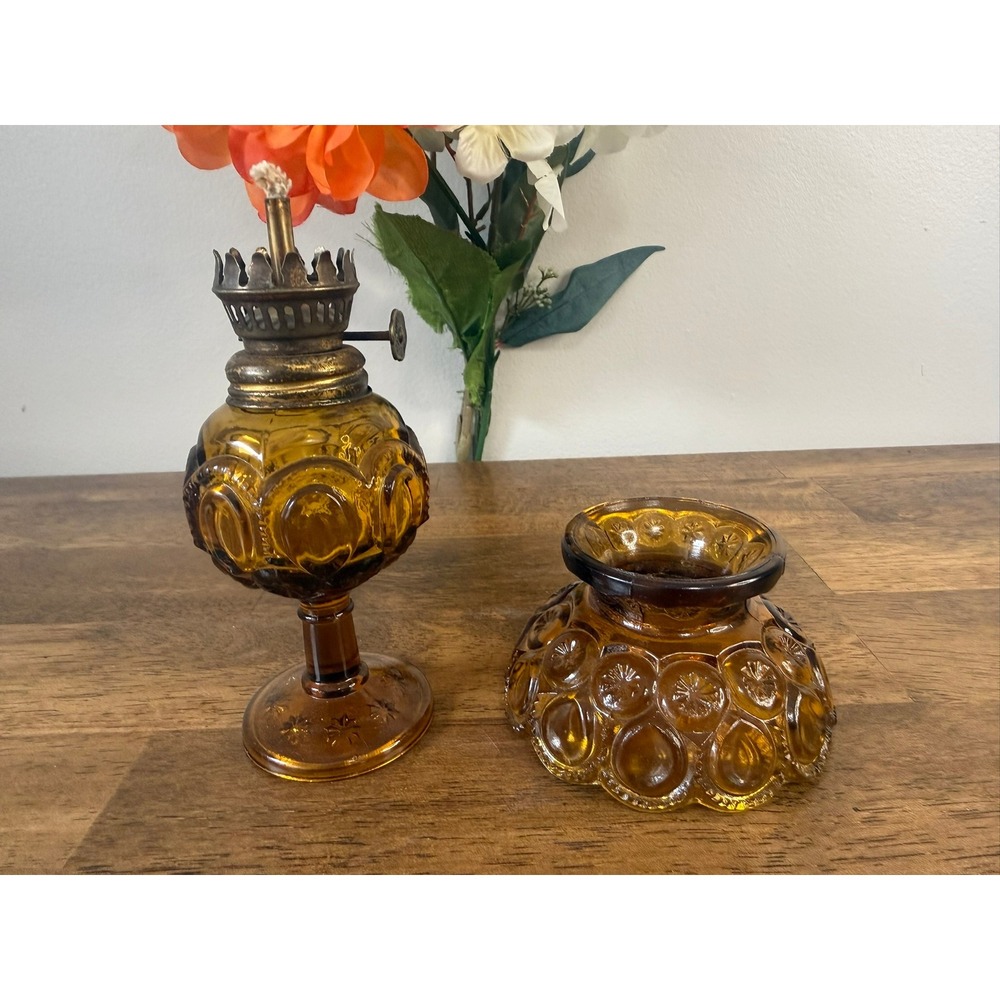 Vintage Moon Stars Fairy Lamp Amber Glass Oil Lamp Pressed Glass Base Shade